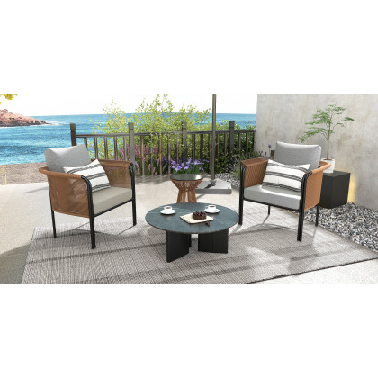 HMR - 3-Pieces Modern Coffee Rattan Outdoor Sofa Set with Glass Top Coffee Table and Gray Cushion