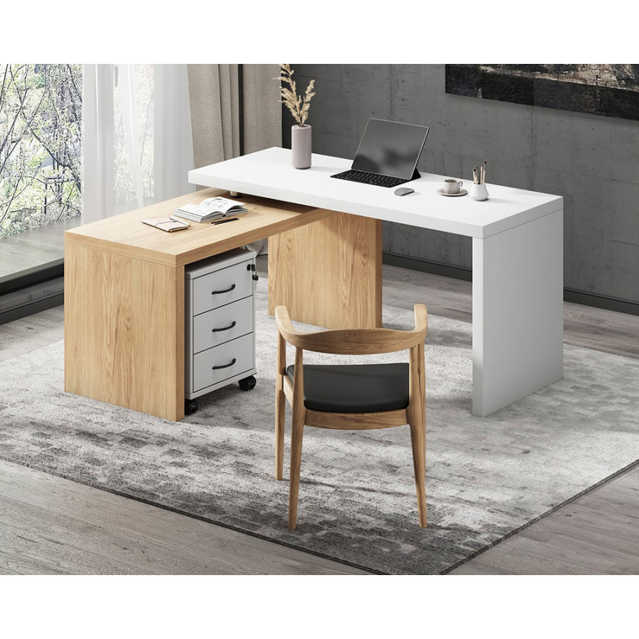 HMR 59.8" Modern Rotatable L-Shaped Executive Desk with Movable File Cabinet - White/Natural