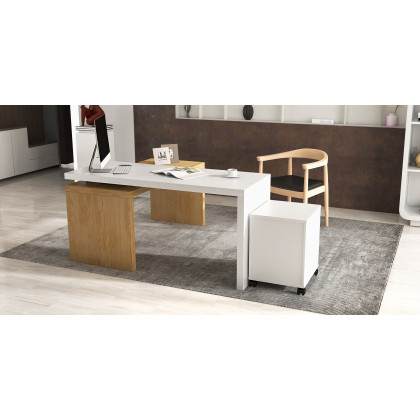 HMR 59.8" Modern Rotatable L-Shaped Executive Desk with Movable File Cabinet - White/Natural