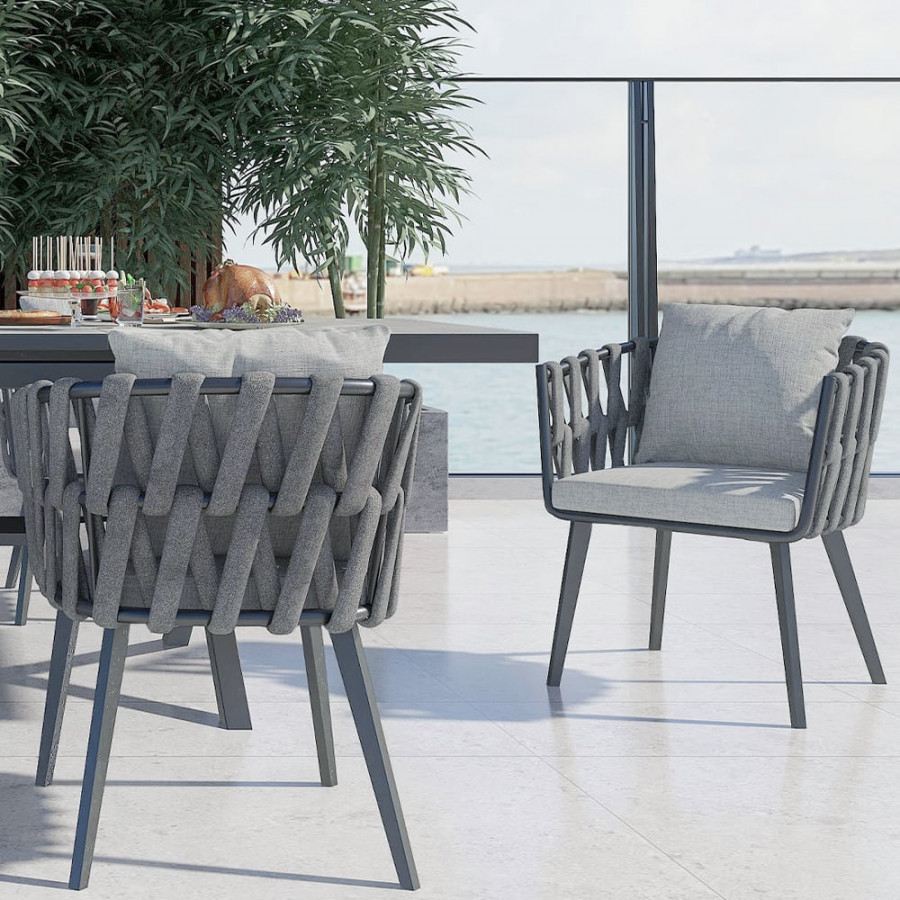 HMR - Hand Woven Rope Outdoor Patio Dining Chair with Cushions (Set of 2)