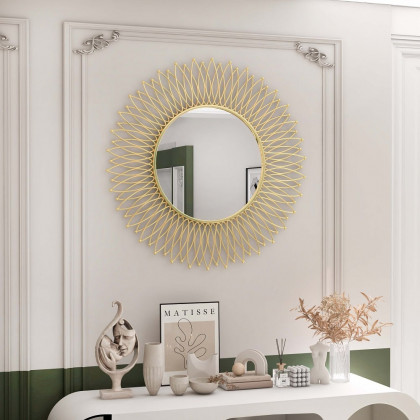 HMR - Modern & Luxury Round Gold Sun Metal Wall Mirror Decorative Art