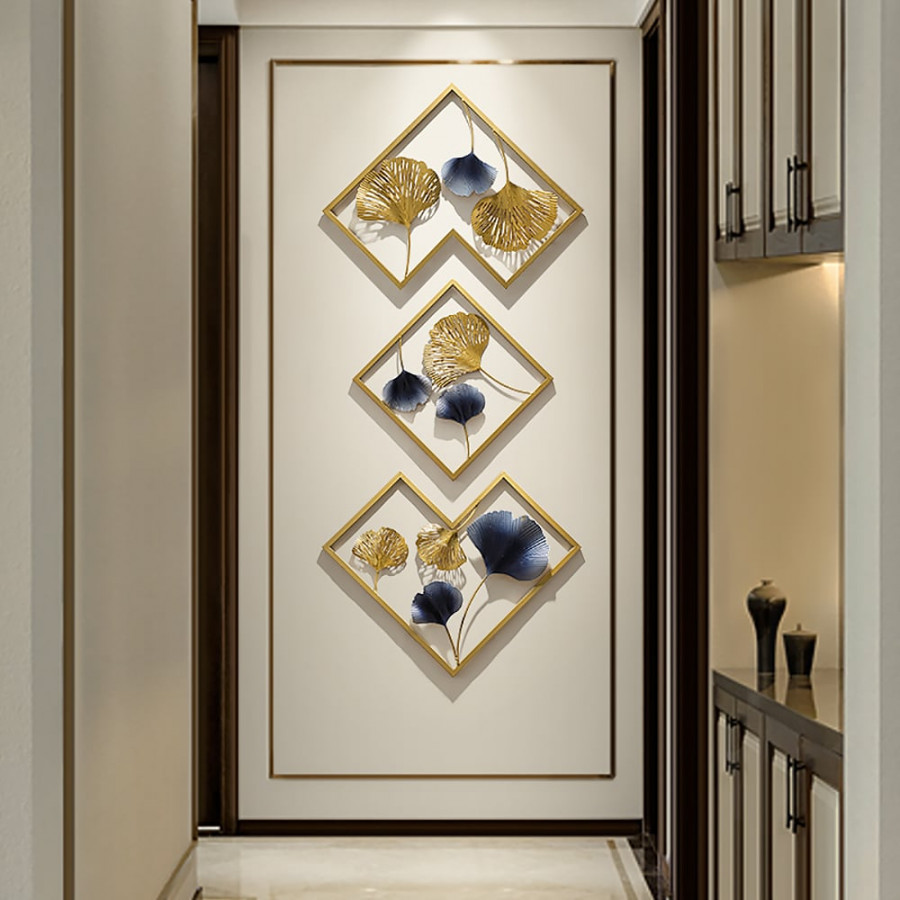 HMR - 3 Pieces Ginkgo Leaves Wall Decor with Geometric Frame in Blue and Gold, Metal