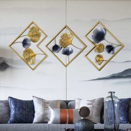 HMR - 3 Pieces Ginkgo Leaves Wall Decor with Geometric Frame in Blue and Gold, Metal