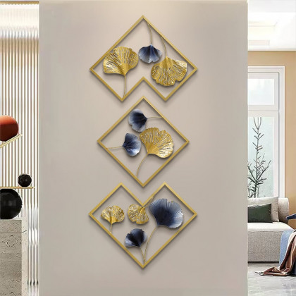 HMR - 3 Pieces Ginkgo Leaves Wall Decor with Geometric Frame in Blue and Gold, Metal