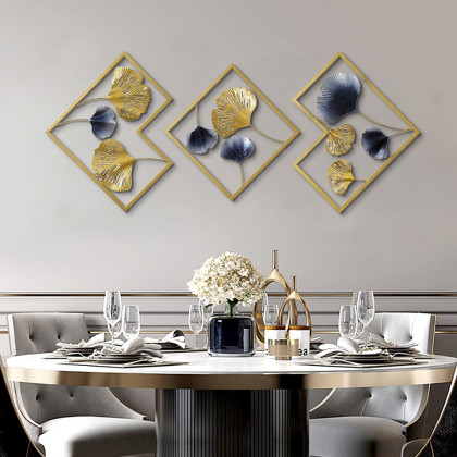 HMR - 3 Pieces Ginkgo Leaves Wall Decor with Geometric Frame in Blue and Gold, Metal