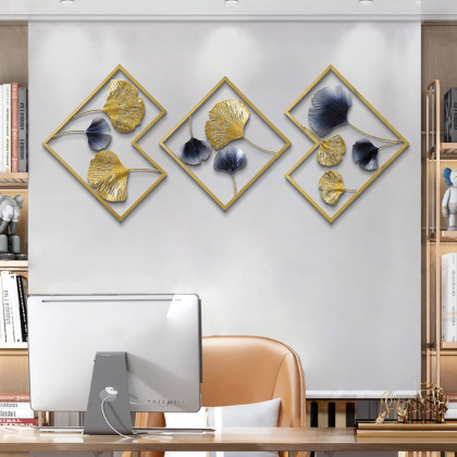 HMR - 3 Pieces Ginkgo Leaves Wall Decor with Geometric Frame in Blue and Gold, Metal