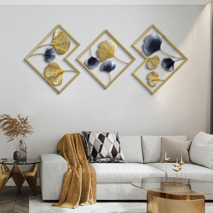 HMR - 3 Pieces Ginkgo Leaves Wall Decor with Geometric Frame in Blue and Gold, Metal
