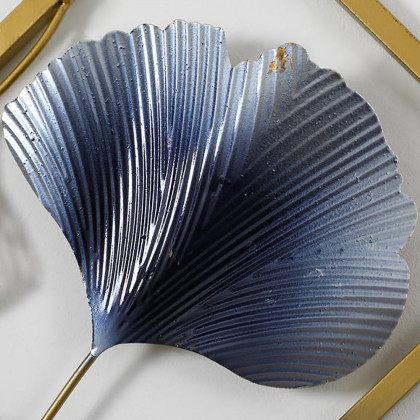 HMR - 3 Pieces Ginkgo Leaves Wall Decor with Geometric Frame in Blue and Gold, Metal