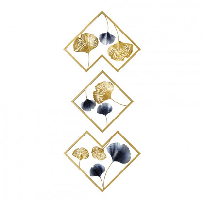 HMR - 3 Pieces Ginkgo Leaves Wall Decor with Geometric Frame in Blue and Gold, Metal