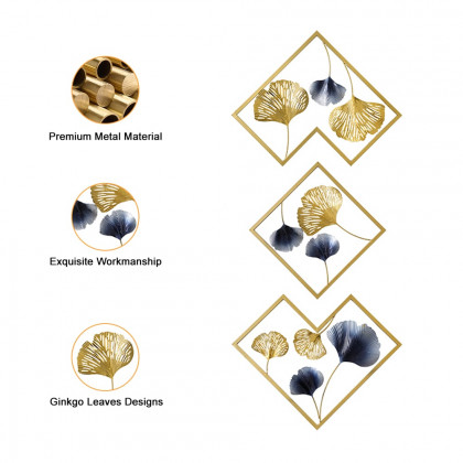 HMR - 3 Pieces Ginkgo Leaves Wall Decor with Geometric Frame in Blue and Gold, Metal