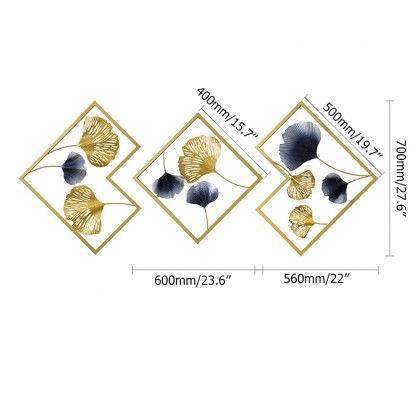 HMR - 3 Pieces Ginkgo Leaves Wall Decor with Geometric Frame in Blue and Gold, Metal