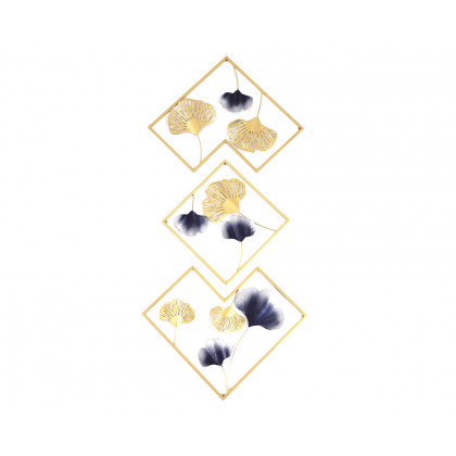 HMR - 3 Pieces Ginkgo Leaves Wall Decor with Geometric Frame in Blue and Gold, Metal