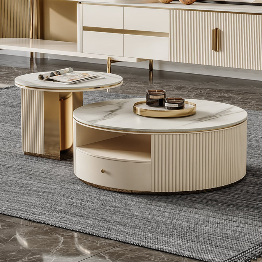 HMR - Mytures Modern Round Nesting Coffee Table with Storage White Sintered Stone Set of 2