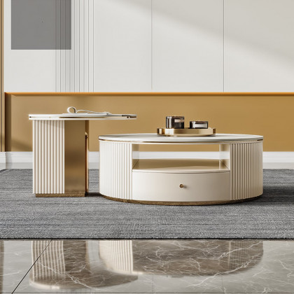 HMR - Mytures Modern Round Nesting Coffee Table with Storage White Sintered Stone Set of 2