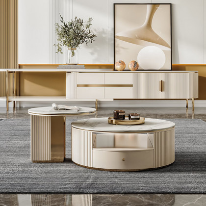 HMR - Mytures Modern Round Nesting Coffee Table with Storage White Sintered Stone Set of 2