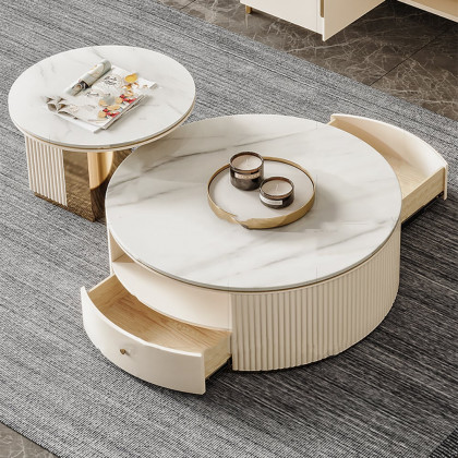HMR - Mytures Modern Round Nesting Coffee Table with Storage White Sintered Stone Set of 2