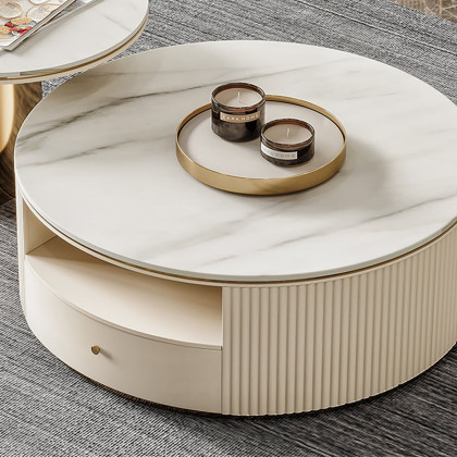 HMR - Mytures Modern Round Nesting Coffee Table with Storage White Sintered Stone Set of 2