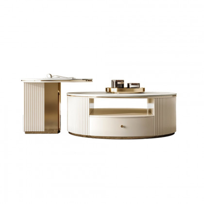 HMR - Mytures Modern Round Nesting Coffee Table with Storage White Sintered Stone Set of 2