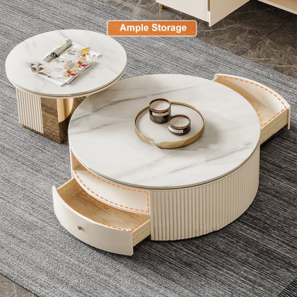 HMR - Mytures Modern Round Nesting Coffee Table with Storage White Sintered Stone Set of 2