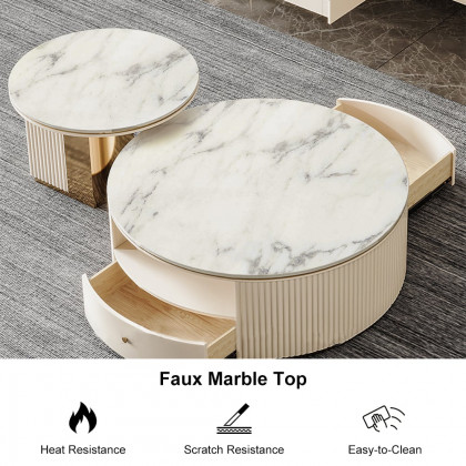 HMR - Mytures Modern Round Nesting Coffee Table with Storage White Sintered Stone Set of 2