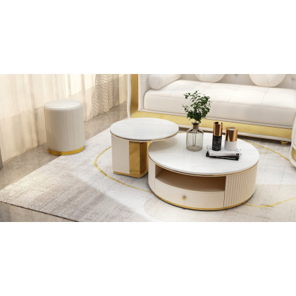 HMR - Mytures Modern Round Nesting Coffee Table with Storage White Sintered Stone Set of 2