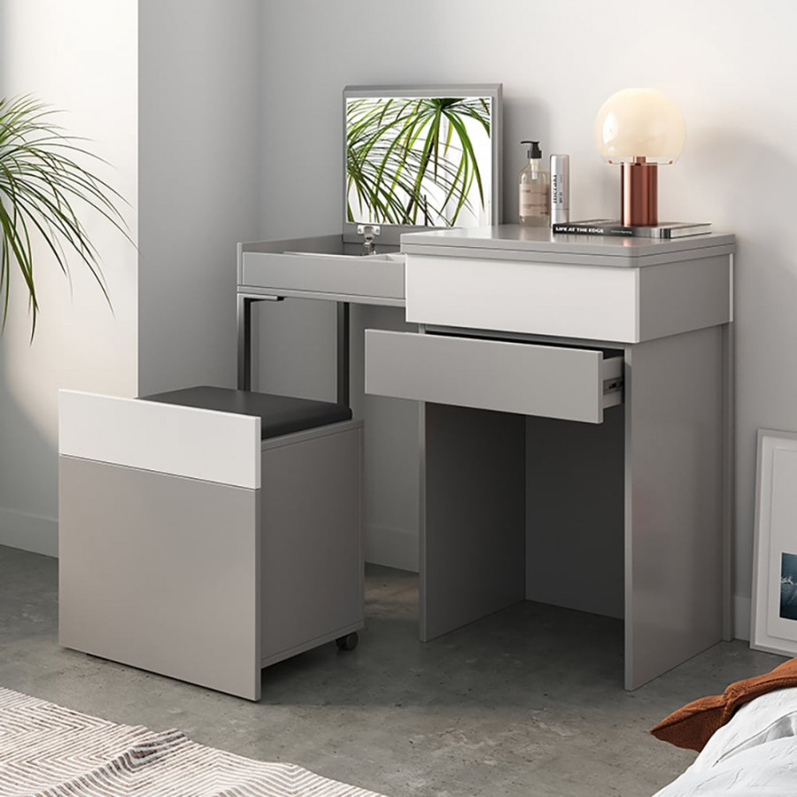 HMR - Gray Makeup Vanity with Mirror Foldable Dressing Table with Stool & Hidden Drawer