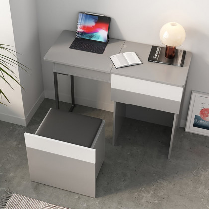 HMR - Gray Makeup Vanity with Mirror Foldable Dressing Table with Stool & Hidden Drawer