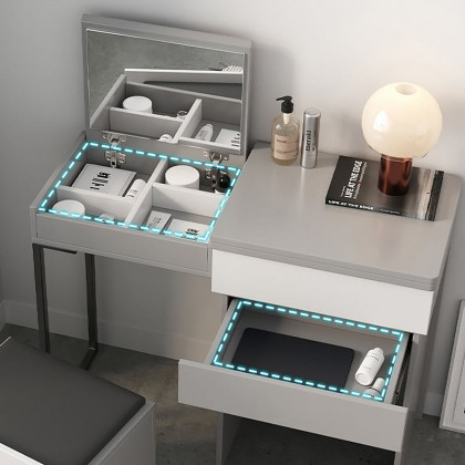 HMR - Gray Makeup Vanity with Mirror Foldable Dressing Table with Stool & Hidden Drawer