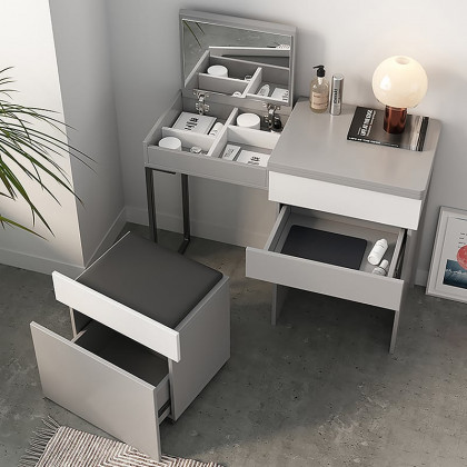 HMR - Gray Makeup Vanity with Mirror Foldable Dressing Table with Stool & Hidden Drawer