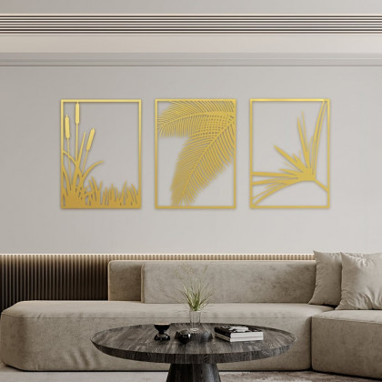 HMR - 3-Pieces Modern Gold Metal Wall Decor Plant Art with Rectangle Frame