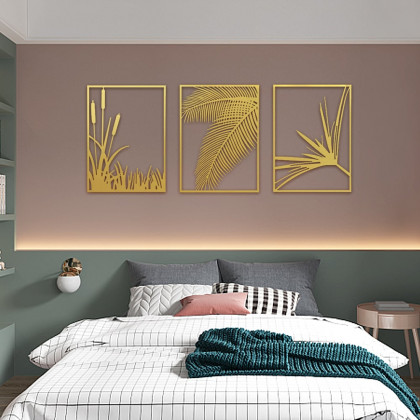 HMR - 3-Pieces Modern Gold Metal Wall Decor Plant Art with Rectangle Frame