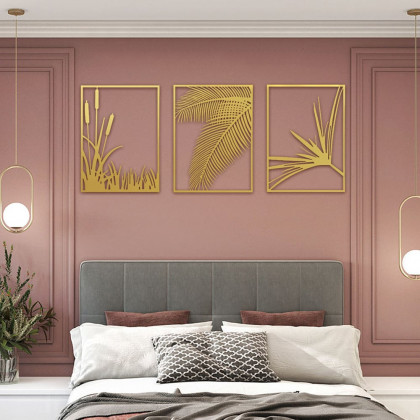 HMR - 3-Pieces Modern Gold Metal Wall Decor Plant Art with Rectangle Frame
