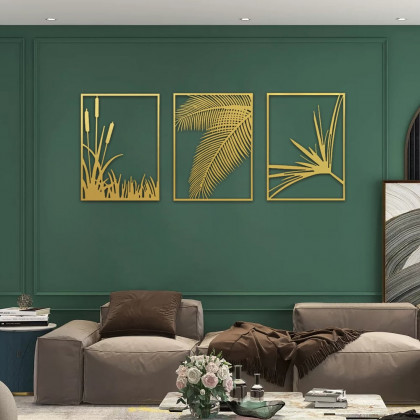 HMR - 3-Pieces Modern Gold Metal Wall Decor Plant Art with Rectangle Frame