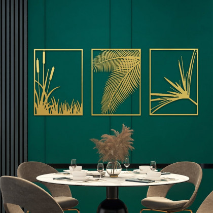 HMR - 3-Pieces Modern Gold Metal Wall Decor Plant Art with Rectangle Frame