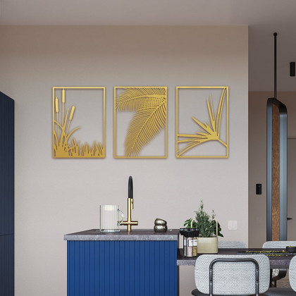 HMR - 3-Pieces Modern Gold Metal Wall Decor Plant Art with Rectangle Frame