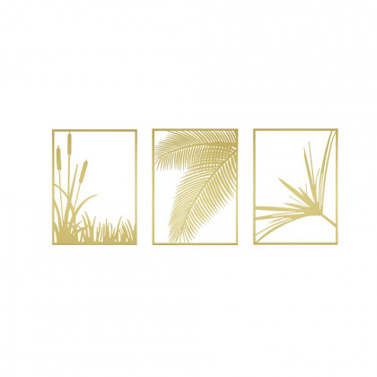 HMR - 3-Pieces Modern Gold Metal Wall Decor Plant Art with Rectangle Frame