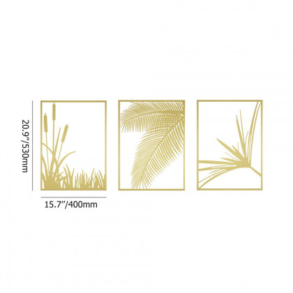 HMR - 3-Pieces Modern Gold Metal Wall Decor Plant Art with Rectangle Frame