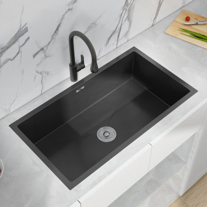 HMR 30" Stainless Steel Kitchen Sink Rectangular Single Bowl - Black