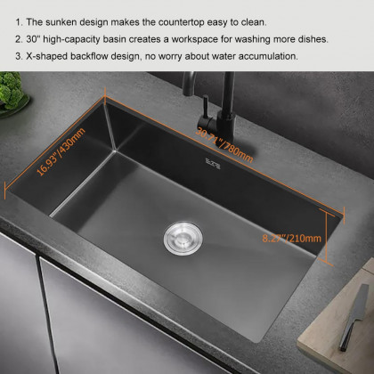 HMR 30" Stainless Steel Kitchen Sink Rectangular Single Bowl - Black