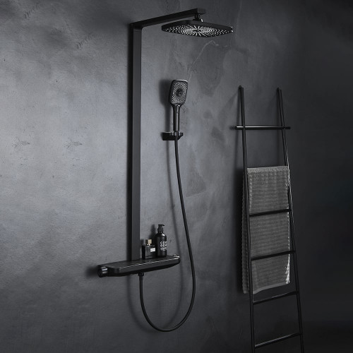 HMR - Black Exposed Rainfall Shower System with Handshower & Stone Rack Solid Brass