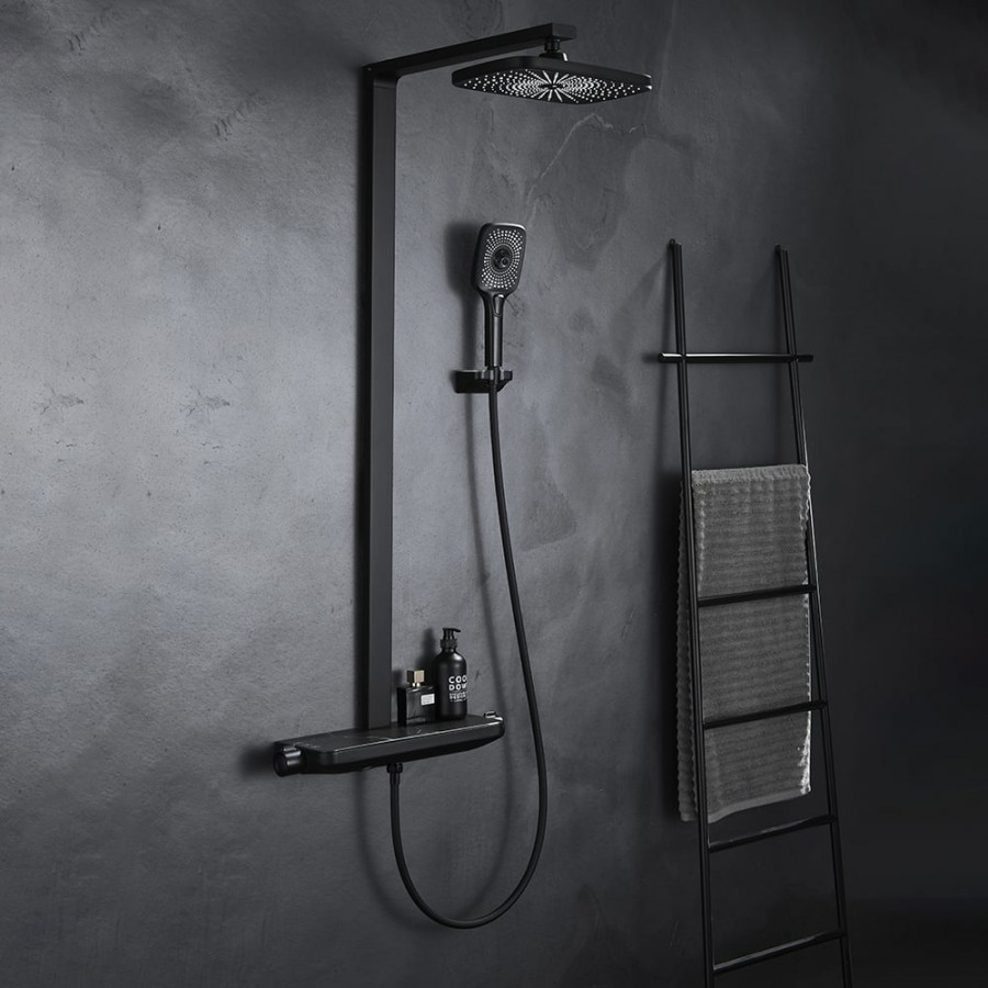 HMR - Black Exposed Rainfall Shower System with Handshower & Stone Rack Solid Brass