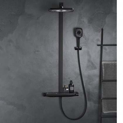HMR - Black Exposed Rainfall Shower System with Handshower & Stone Rack Solid Brass