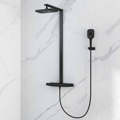 HMR - Black Exposed Rainfall Shower System with Handshower & Stone Rack Solid Brass