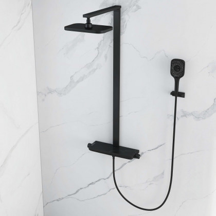 HMR - Black Exposed Rainfall Shower System with Handshower & Stone Rack Solid Brass