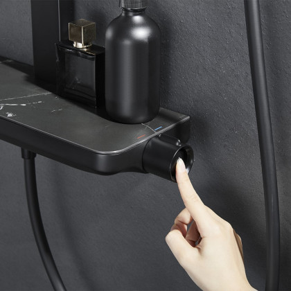 HMR - Black Exposed Rainfall Shower System with Handshower & Stone Rack Solid Brass