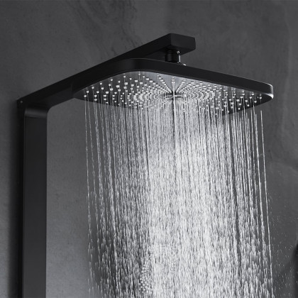 HMR - Black Exposed Rainfall Shower System with Handshower & Stone Rack Solid Brass