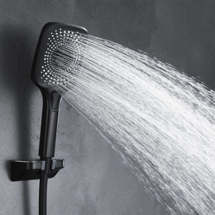 HMR - Black Exposed Rainfall Shower System with Handshower & Stone Rack Solid Brass