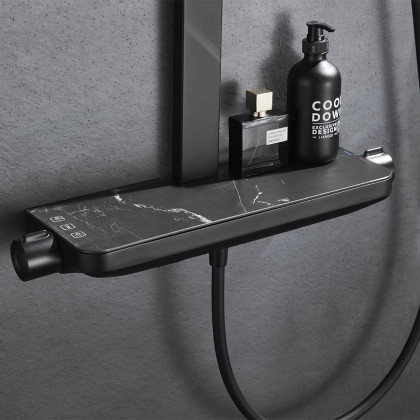 HMR - Black Exposed Rainfall Shower System with Handshower & Stone Rack Solid Brass