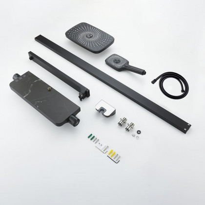 HMR - Black Exposed Rainfall Shower System with Handshower & Stone Rack Solid Brass
