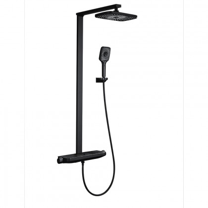 HMR - Black Exposed Rainfall Shower System with Handshower & Stone Rack Solid Brass